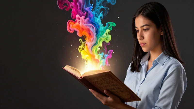 Estudiante brillante con libro antiguo y tinta retórica