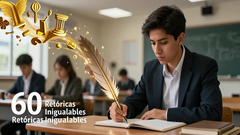 Ilustración académica con símbolos literarios dorados
