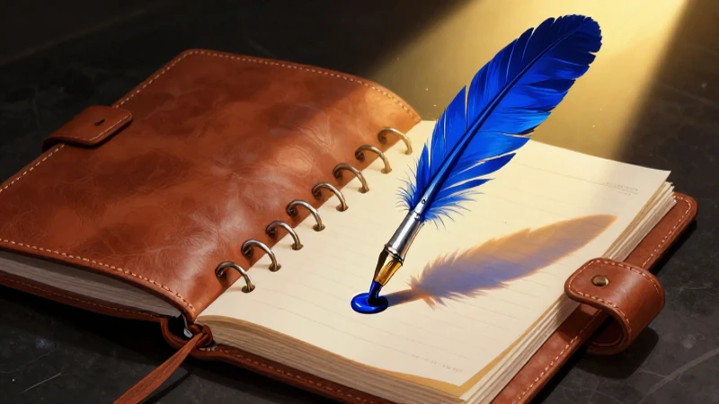 Diario de cuero dramático con pluma y luz dorada