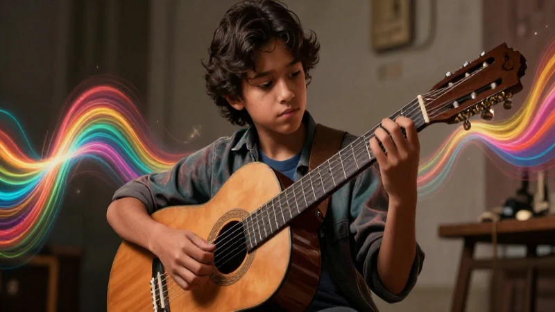 Estudiante apasionado tocando guitarra vibrante