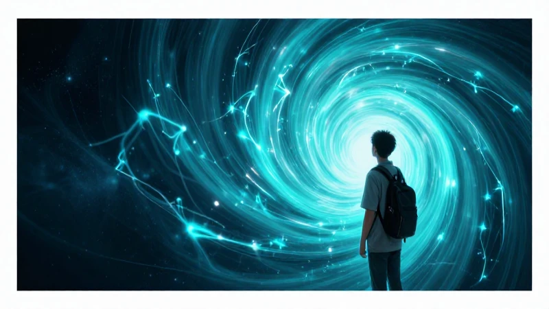 Estudiante moderno observa un vórtice de luz eléctrica