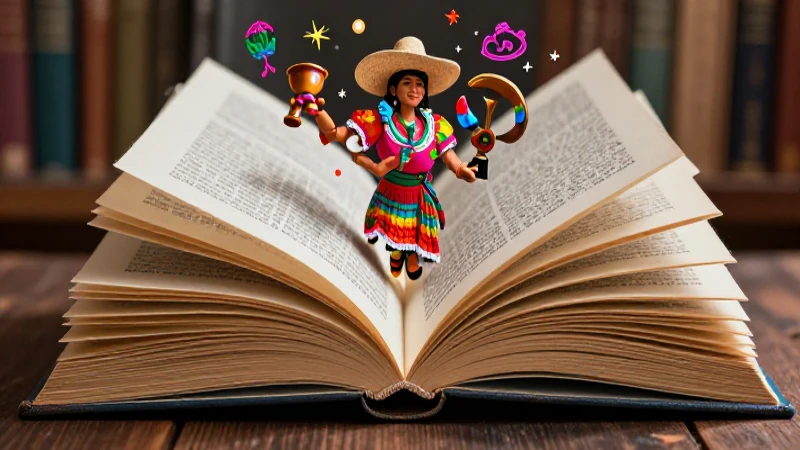 Ejemplos de textos narrativos: Descubre relatos cortos 3 Ilustración vibrante con narrativa cultural mexicana