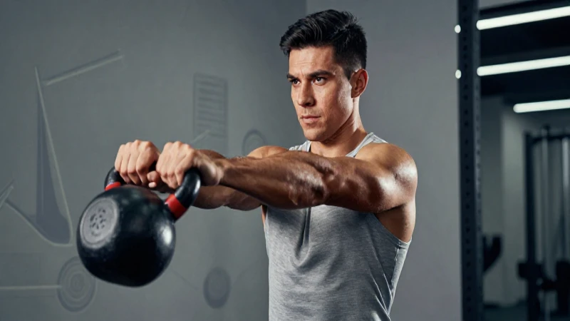 Retrato dinámico de mexicano haciendo kettlebell