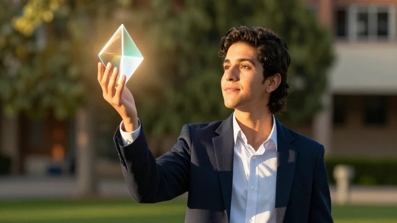 Estudiante mexicano equilibrando prisma brillante