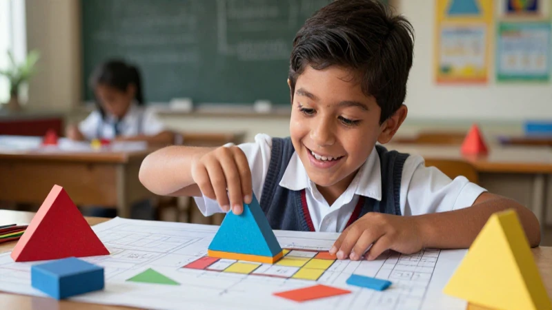 Ejercicios de áreas y perímetros para primaria: PDF útil 8 Niño mexicano alegre estudiando geometría colorida