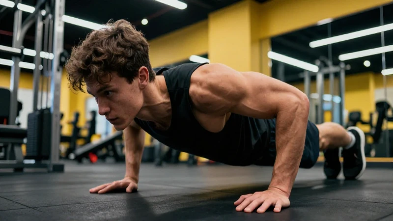 Joven en gimnasio hace flexiones con foco intenso