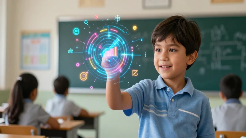 Estudiante sonriente aprende con datos vibrantes