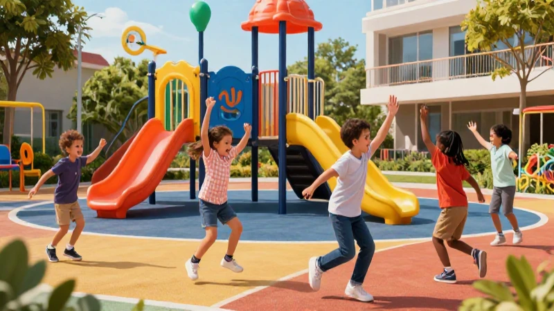 Niños felices jugando en un parque moderno y colorido