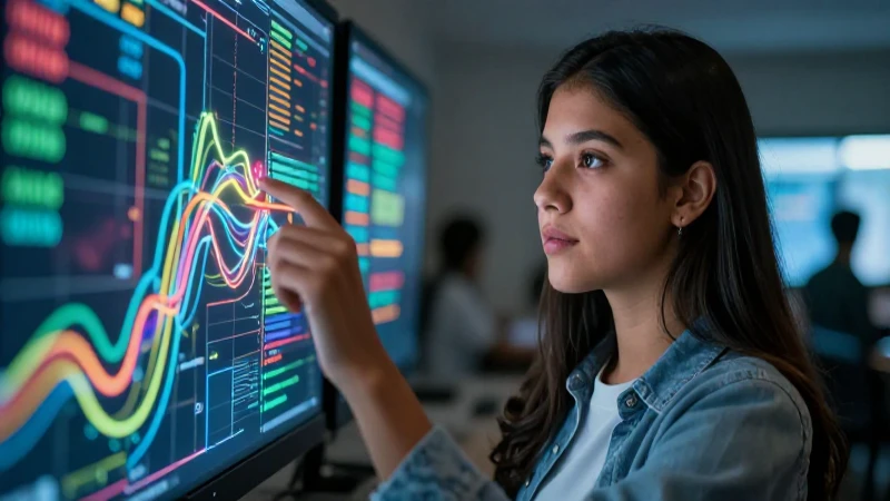 Joven mexicano examina datos abstractos vibrantes