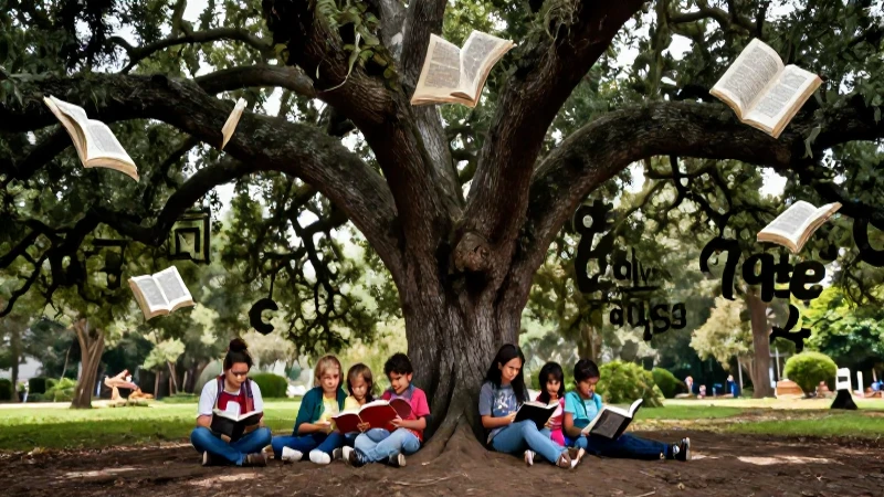 Árbol y personas leen juntos con un aire educativo