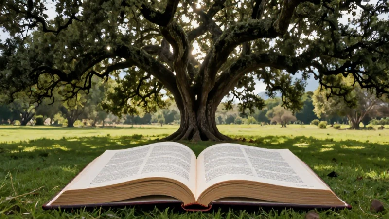 Ilustración de libro y árbol majestuoso