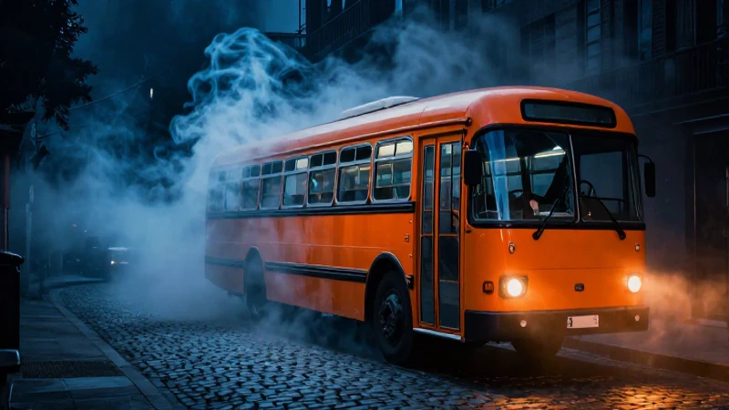 Bus vintage en niebla dramática y contraste vibrante