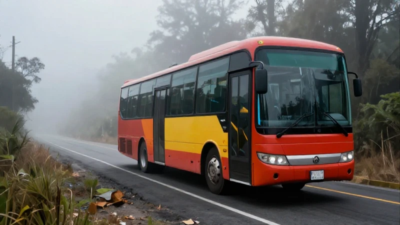 Ilustración dramática de autobús fantasma en neblina