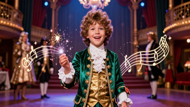Niño feliz en opulenta escena de ópera mágica