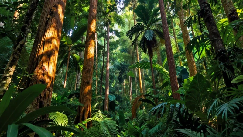 Bosques: qué son, tipos y su vital importancia ecosistémica 7 Bosque tropical vibrante con luz dorada y recursos sostenibles