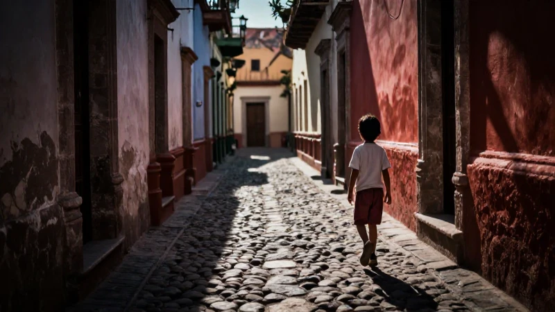 Niño curioso explora un antiguo callejón mexicano