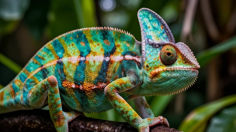 Camaleón vibrante y detallado en follaje tropical