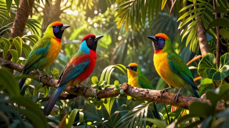 Aves tropicales vibrantes en bosque exuberante al atardecer