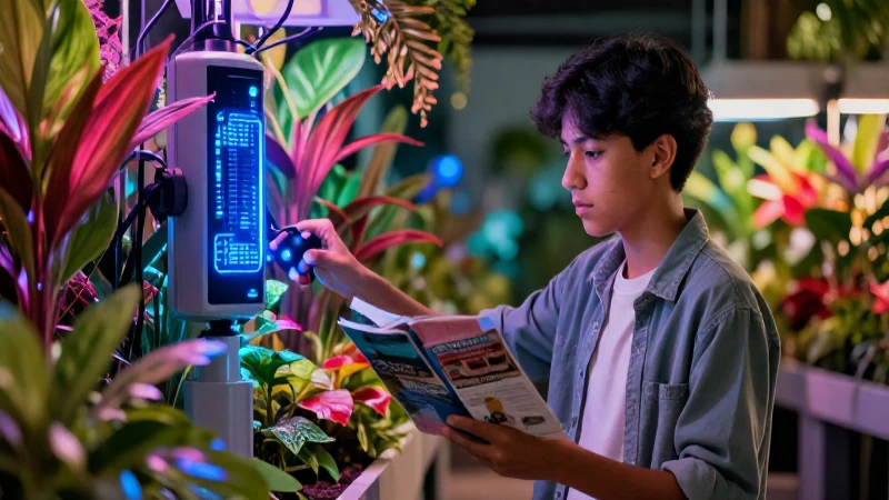 Estudiante mexicano con huerto futurista en ilustración 8K
