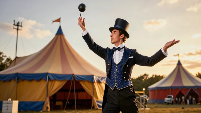 El Circo del Mundo: La Magia de Chile en el Espectáculo 6 Ilusionista dinámico en un espectáculo circense vibrante