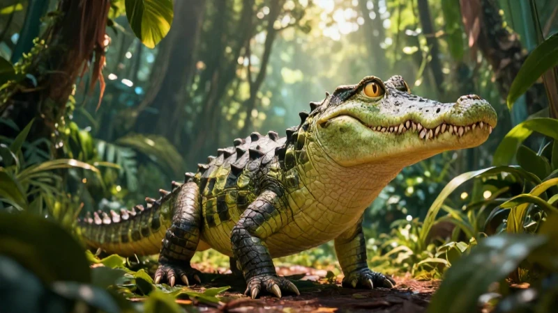 Crocodilo majestuoso avanza por una selva tropical vibrante