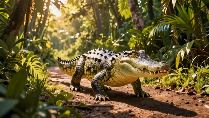 Crocodilo en selva con luz dorada y vibrante