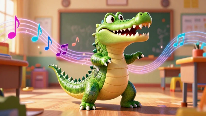 Crocodilo verde danzante en aula color vibrante
