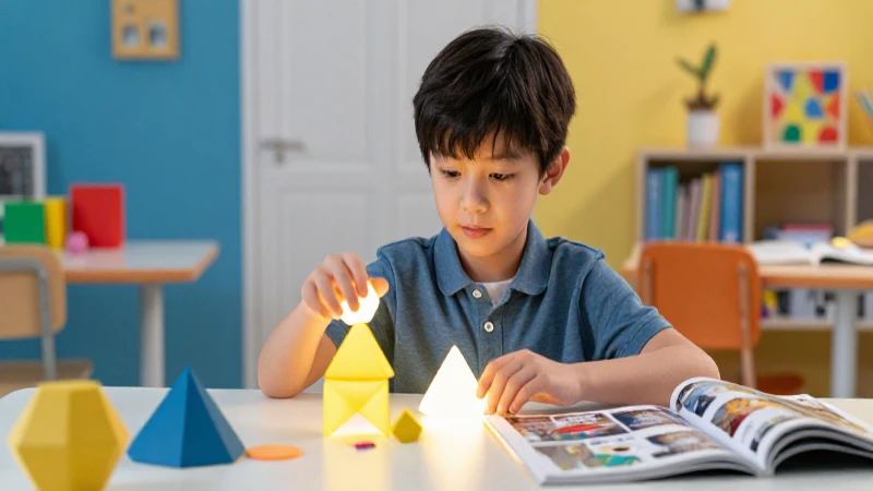 Estudiante interactúa con formas geométricas luminosas