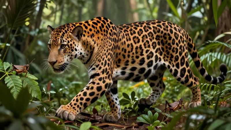 Jaguar cazando críquet en la selva con estilo