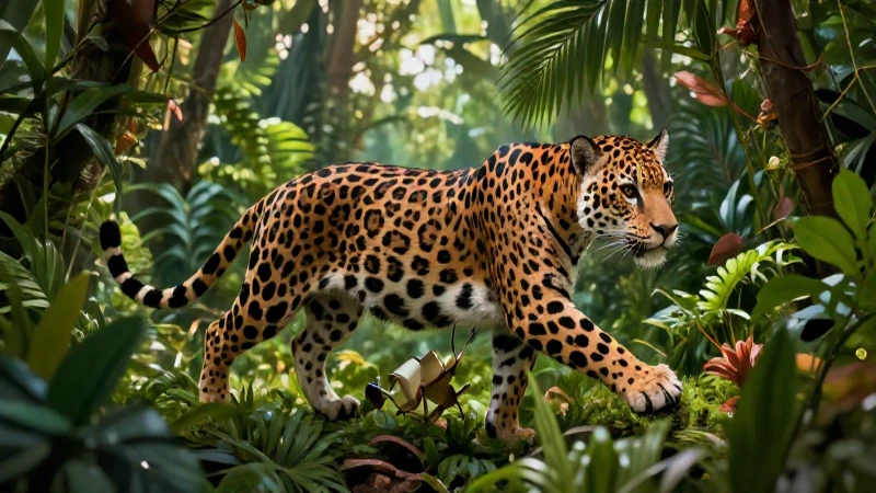 Jaguar y grillo en exuberante selva tropical