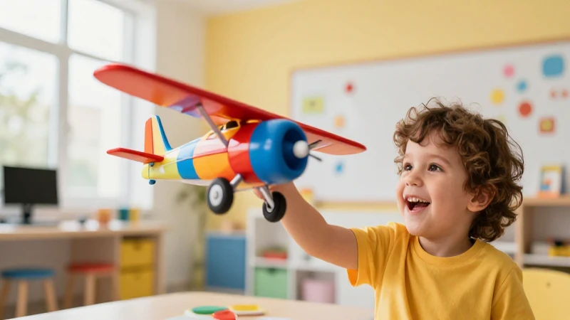 Niño feliz juega con avión en aula moderna