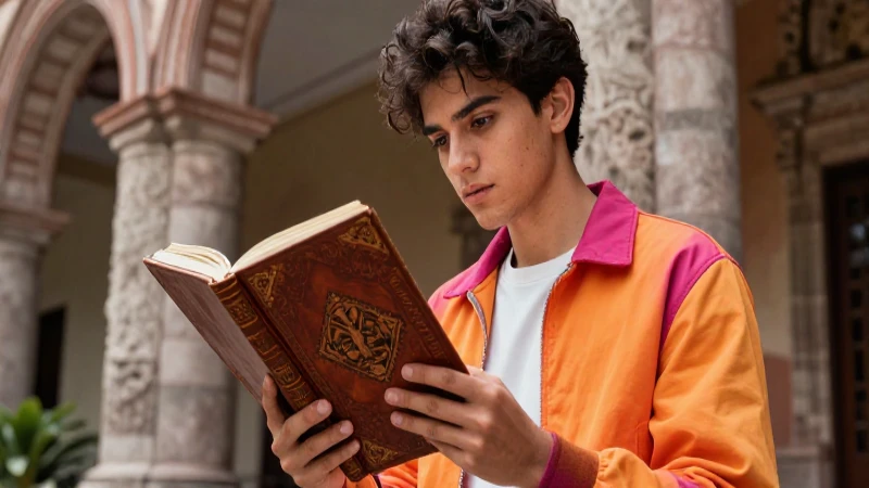 Joven erudito estudia libro antiguo en México
