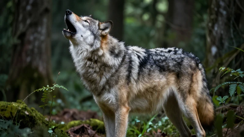 Lobo majestuoso en bosque místico con iluminación dramática
