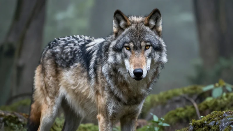 Lobo gris majestuoso en un bosque brumoso