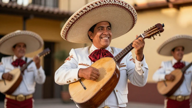 Músico jarocho sonriente con vibrante iluminación cultural