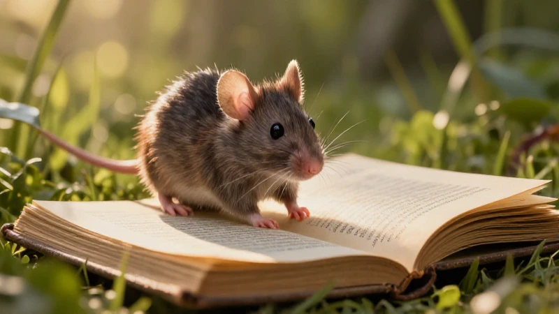 Ratón encantador explorando historias bajo luz dorada
