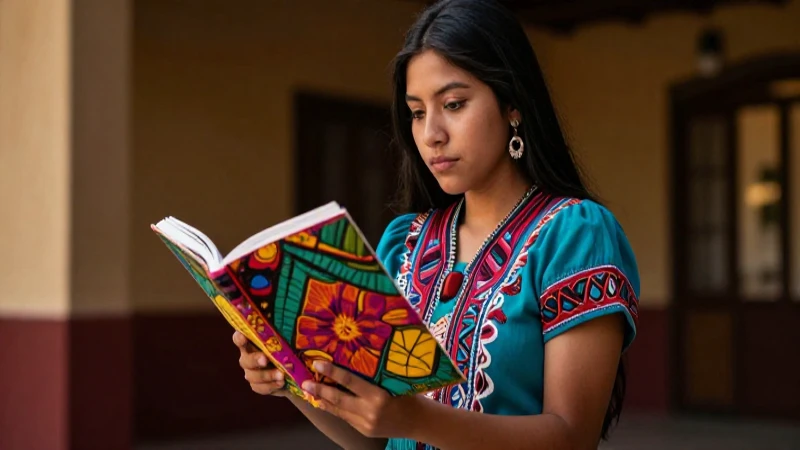 Estudiante mexicana sosteniendo libro indígena vibrante