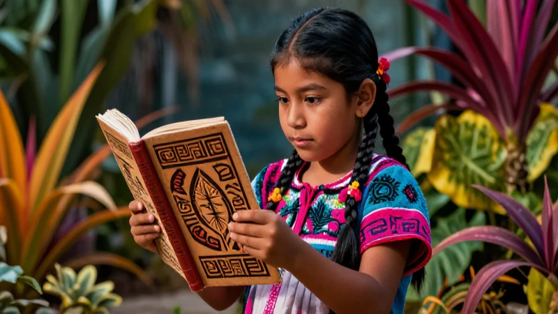 Niña maya realista aprende con su libro en México