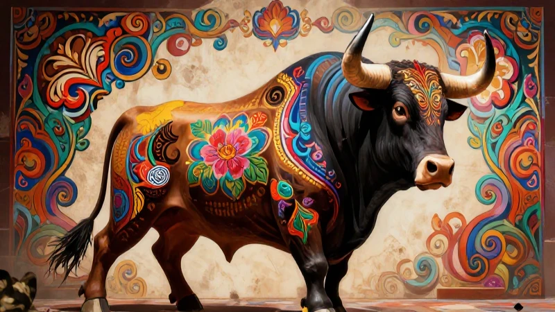 Toro poderoso con arte mural mexicano