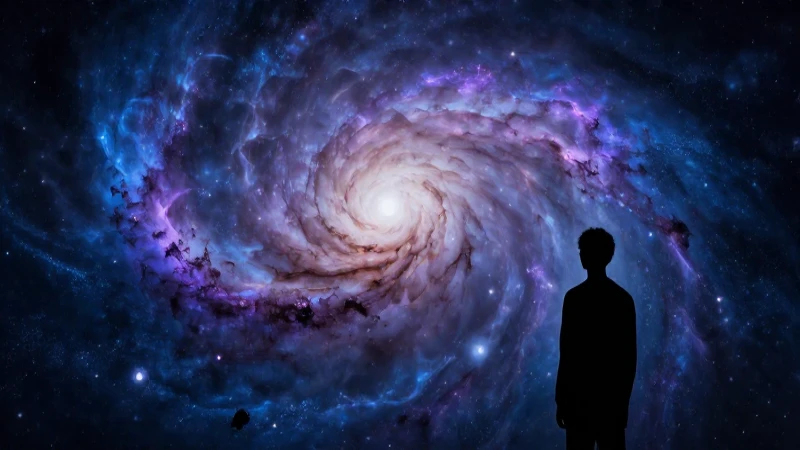 El universo: qué es, características y misterios Impresionantes 9 Nebulosa cósmica y silueta humana en azul y púrpura
