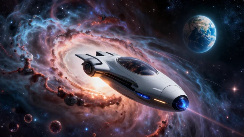 El universo: qué es, características y misterios Impresionantes 6 Nave futurista cruza nebulosa vibrante, representando exploración espacial