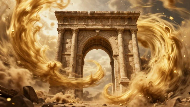 El misterio del viento: una historia de suspenso y fascinación 3 Arco de piedra antiguo con tormentas de viento dorado