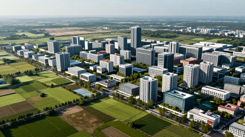 Contraste visual entre ciudad y paisaje agrícola