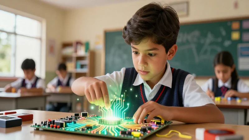 Estudiante moderno interactúa con circuitos brillantes