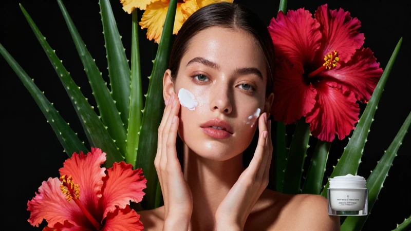 Joven radiante con cremas y flores naturales