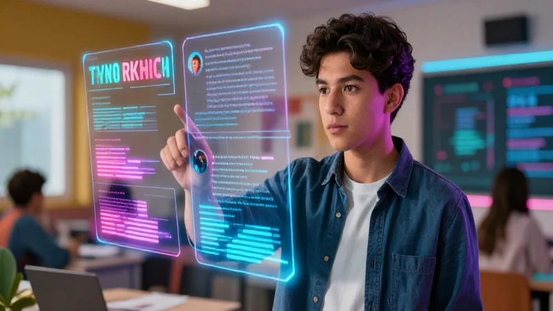 Joven mexicano interactúa con interfaz de datos digital
