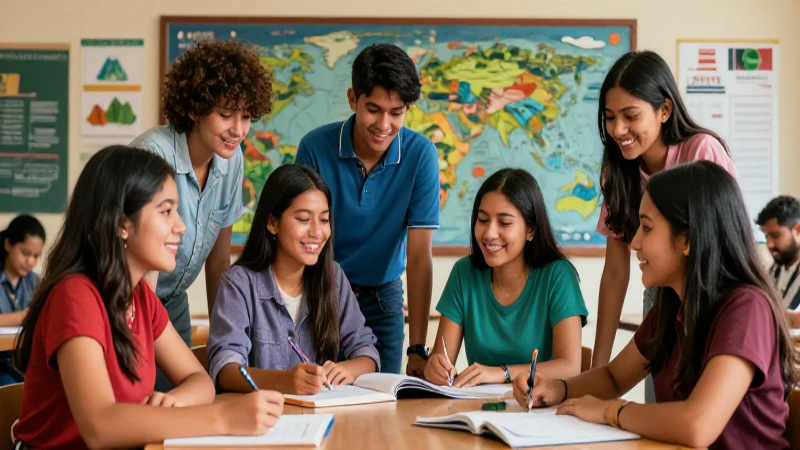 Tapa vibrante de estudiantes mexicanos colaborando