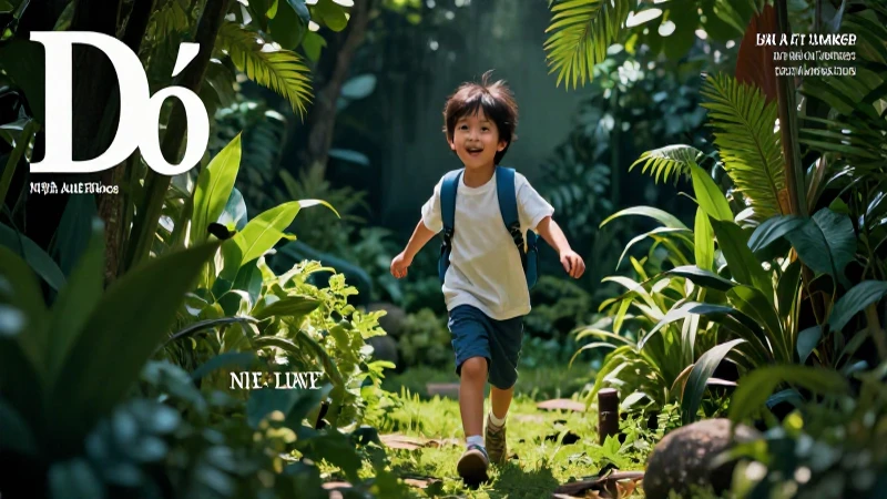 Niño alegre explora jardín vibrante con iluminación dramática
