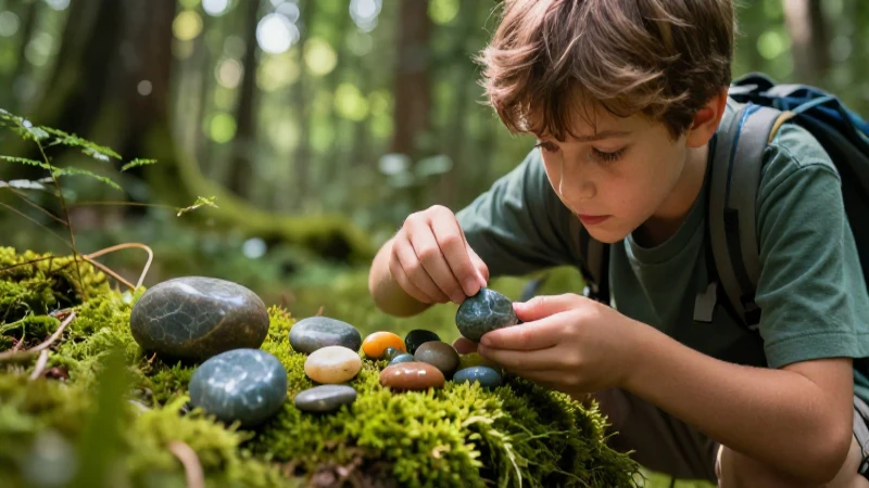 Joven estudia elementos naturales en el bosque