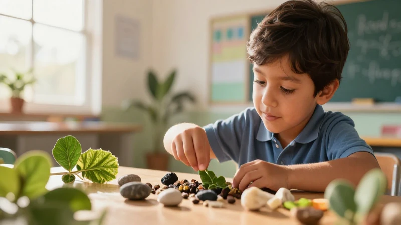 Niño mexicano estudia naturaleza en aula iluminada